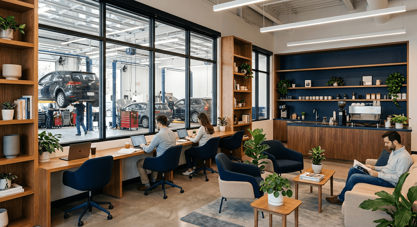 Sala de espera con zona de coworking y estación de café
